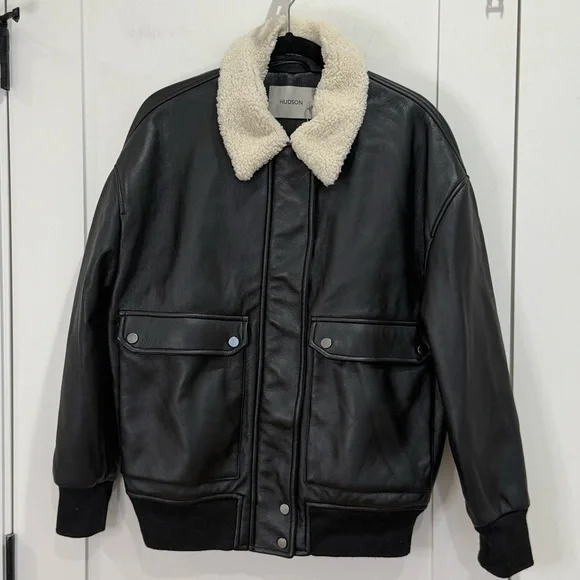 Hudson Womens Oversized Faux Leather Bomber Jacket Medium Black Shearling Edgy - Picture 6 of 15